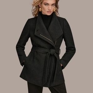 NWT Donna Karan Wool Blend Black Belted Peacoat Jacket Sz XS, S, 2, 4